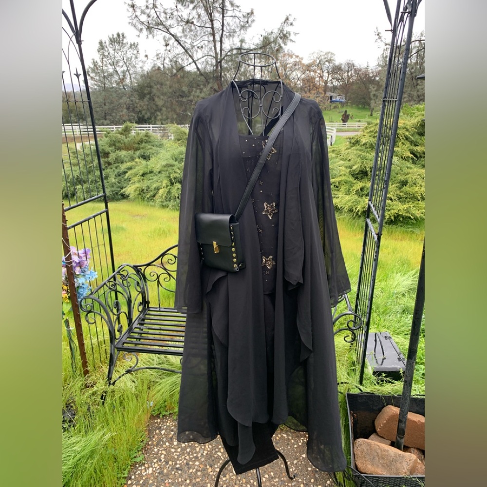 Elegant Long Black Sheer Kimono with Flutter Front,HP25